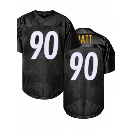 Men's Black #90 Breathable American Football Jersey - V-Neck Short Sleeve Embroidered Rugby Shirt, Loose Fit All-Season Training & Match Uniform for Team Sports, Casual Outings & Outdoor Activities, Football Gear