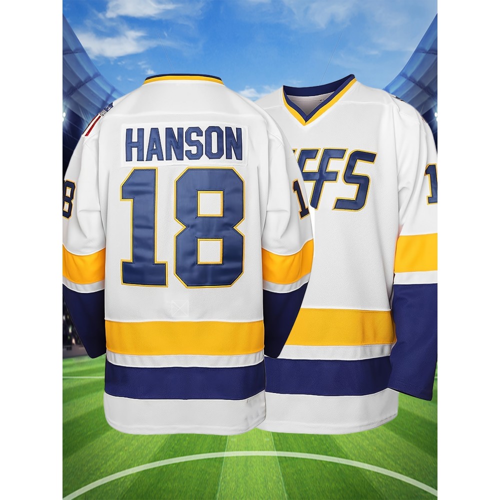 1pc Men'S Ice Hockey Jersey Sweatshirt - Embroidered #18 Hanson, Polyester Knit, V-Neck, Loose Fit, Slight Stretch, Sports & Casual Style for All Seasons, Breathable for Outdoor, Hiking, Running & Workout