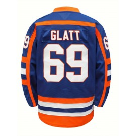 Men's Blue # 69 Ice Hockey Sports Shirt, Loose Embroidered Long Sleeves, Sports Fashion Casual, Street Breathable