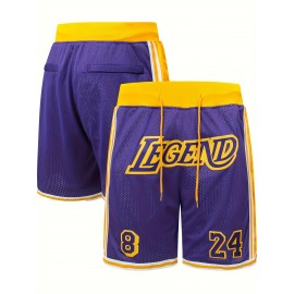 Men's Basketball Shorts with Embroidered LEGEND #24 Design - Purple & Yellow Loose-Fit Zipper Pockets, Breathable Mesh Athletic Shorts for Training, Streetwear & Casual Wear - All-Season Comfort