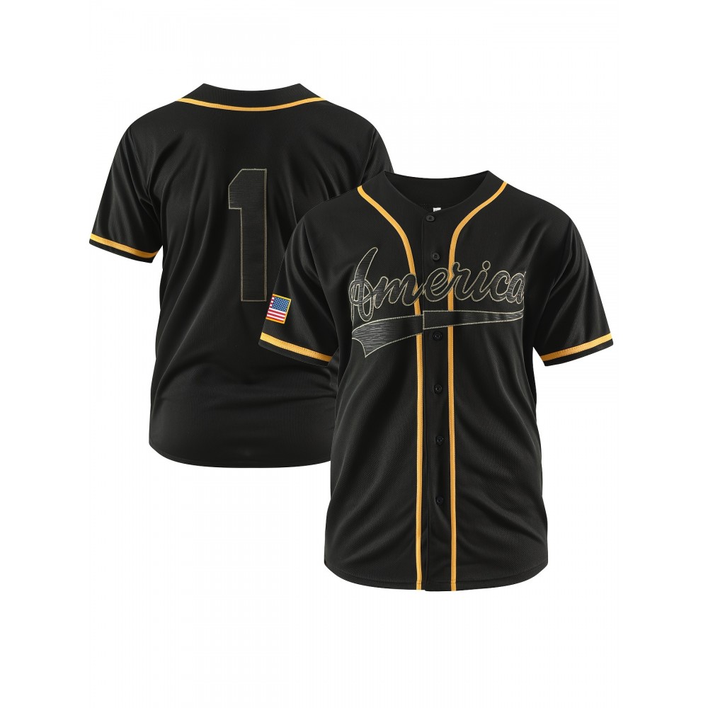 Men's #1 Black Baseball Jersey with Golden Embroidery - Breathable, Sporty V-Neck, Casual & Streetwear Style, Polyester, Machine Washable for All Seasons