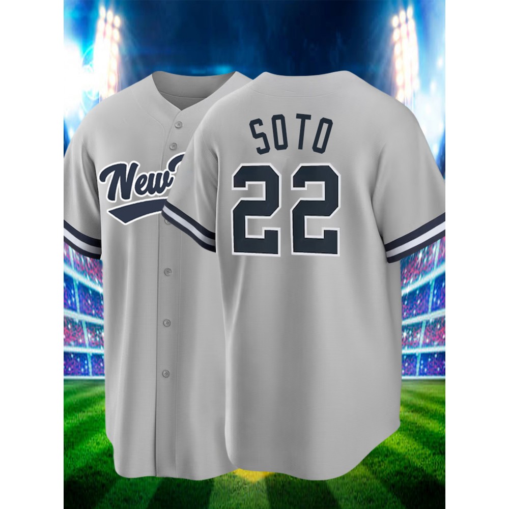 Men'S Grey # 22 Baseball Shirt, Classic Letter Embroidery Design, Button style Short Sleeve Breathable Shirt, Training and Competition Category: Men'S Baseball Shirt