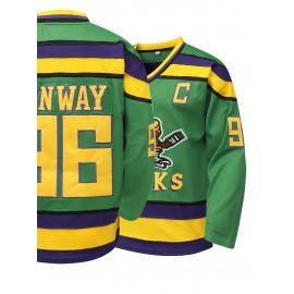 Men's Green #96 Embroidered Ice Hockey Jersey - Loose Fit, Long Sleeve, V-Neck, Breathable Polyester, Sporty & Casual Design for Streetwear, Parties, and Outdoor Activities