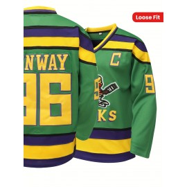 Men's Green #96 Embroidered Ice Hockey Jersey - Loose Fit, Long Sleeve, V-Neck, Breathable Polyester, Sporty & Casual Design for Streetwear, Parties, and Outdoor Activities