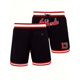 Men's #13 Atlanta Embroidered Basketball Shorts - Dark Blue, Breathable & Stylish with Pockets, Zipper Detail, Red & White Striped Trim, Ideal for Sports & Casual Wear, Athletic Leisure Wear|Relaxed Fit Shorts|Polyester Fabric, Basketball Gear