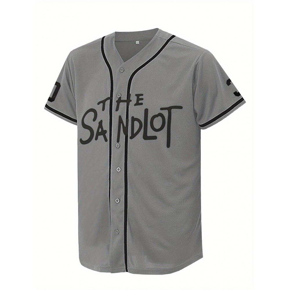 Men'S Grey # 30 Baseball Shirt, Classic Letter Embroidery Design, Button style Short Sleeve Breathable Shirt, Training and Competition Category: Men'S Baseball Shirt