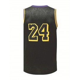 Men's #8-24 Embroidered Basketball Jersey - Breathable Loose Fit Streetwear Pullover with Bold Yellow & Purple Accents, All-Season Casual Sports Top for Men & Teens, Basketball Shirt, Sports Casual, Quality Embroidery