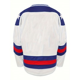 Men'S White Ice Hockey Sports Shirt, Loose Embroidered Long Sleeves, Sporty, Fashionable And Casual, Breathable On The Street