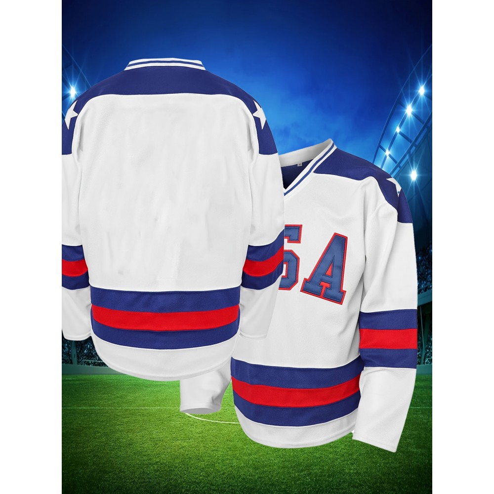 Men'S White Ice Hockey Sports Shirt, Loose Embroidered Long Sleeves, Sporty, Fashionable And Casual, Breathable On The Street