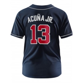 Men's Dark Blue #13 Baseball Jersey - Breathable Button-Up V-Neck Shirt with Letter Design, Loose Fit for Training, Games & Casual Wear | All-Season Sportswear for Men & Teens