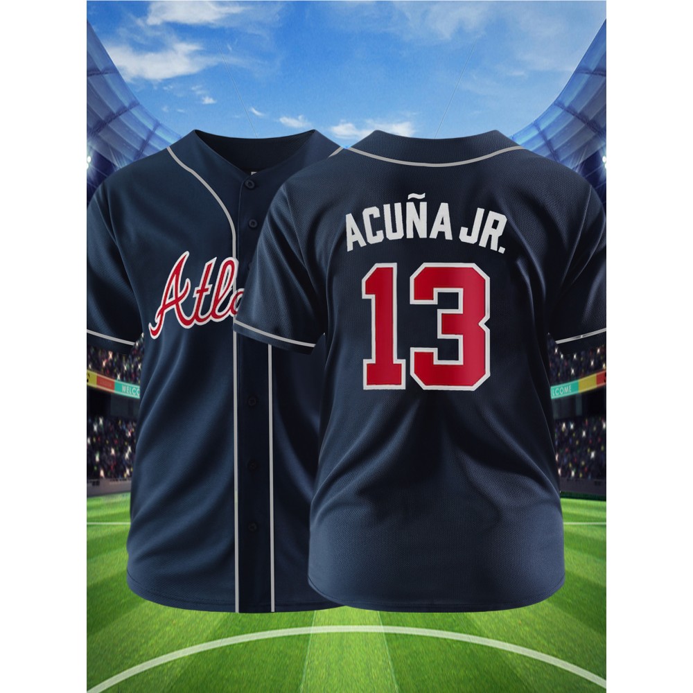 Men's Dark Blue #13 Baseball Jersey - Breathable Button-Up V-Neck Shirt with Letter Design, Loose Fit for Training, Games & Casual Wear | All-Season Sportswear for Men & Teens