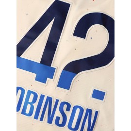 Men's #42 Los Angeles Embroidered Baseball Jersey - Beige V-Neck Loose Fit Polyester Sports Shirt with Red/Blue/White/Black Accents, Machine Washable for Casual, Team Sports, Christmas & Outdoor Activities (Sizes S-3XL), Smooth Texture Fabric