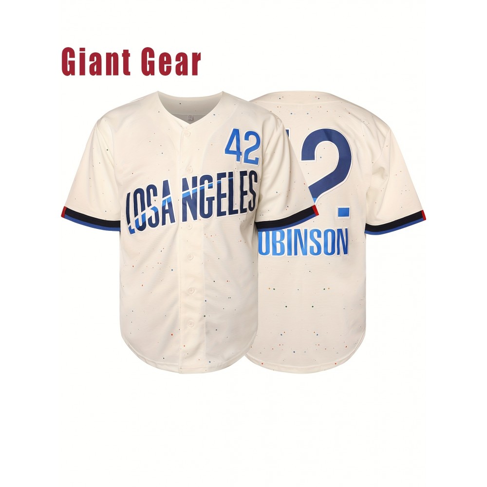 Men's #42 Los Angeles Embroidered Baseball Jersey - Beige V-Neck Loose Fit Polyester Sports Shirt with Red/Blue/White/Black Accents, Machine Washable for Casual, Team Sports, Christmas & Outdoor Activities (Sizes S-3XL), Smooth Texture Fabric