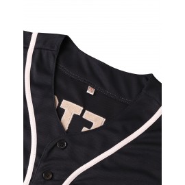 Men's Baseball Jersey #7 - Deep Blue Embroidered Polyester Loose Fit V-Neck Sports Shirt for Streetwear, Team Sports & Outdoor Activities (S-3XL), Outdoor Activewear, Casual Style, Bold Number Design