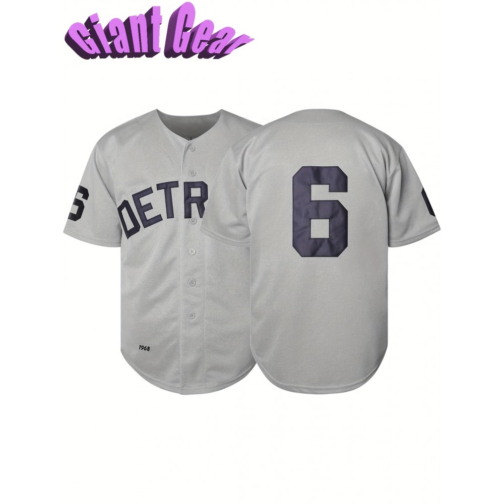 Men's Embroidered Number 6 Baseball Shirt - Grey Loose Knit V-Neck Button-Up, Polyester Sportswear for Spring Summer Fall, Casual & Team Sports (Sizes S-3XL)