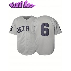 Men's Embroidered Number 6 Baseball Shirt - Grey Loose Knit V-Neck Button-Up, Polyester Sportswear for Spring Summer Fall, Casual & Team Sports (Sizes S-3XL)