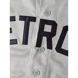 Men's Embroidered Number 6 Baseball Shirt - Grey Loose Knit V-Neck Button-Up, Polyester Sportswear for Spring Summer Fall, Casual & Team Sports (Sizes S-3XL)