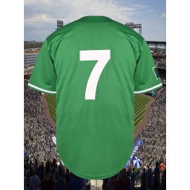 Men's #7 Green Baseball Jersey - Breathable, Embroidered Polyester, Loose Fit with V-Neck and Button Closure - Ideal for Team Sports, Casual Outings & Training - Sizes S to XXXL, Best for Christmas