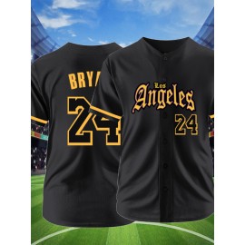 Men'S Black # 24 Baseball Jersey, Classic Retro High-End Letter Embroidery Design, Breathable Button Style Short Sleeved Shirt, Suitable for Training And Games
