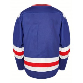 [Comfortable] Men's USA-Embroidered Blue Striped Ice Hockey Jersey - V-Neck, Long Sleeve, Breathable Polyester Sports Shirt, Perfect for Casual & Outdoor Activities, All Seasons Wear, Hockey Stocking Stuffers