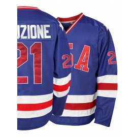 1pc SheLucki Men'S Ice Hockey Jersey Sweatshirt - Embroidered V-Neck Long Sleeve Top, Polyester Sports Shirt for Casual, Outdoor, Running & Exercise, Loose Fit for All Seasons