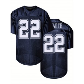 Men'S Deep Blue # 22 Breathable Rugby Shirt, Sports V-neck Short Sleeve Training Match Uniform, Embroidered American Football Shirt