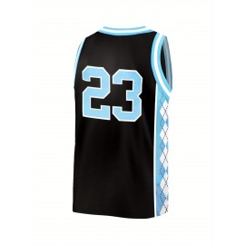 Men'S Black # 23 Patchwork Checkered Basketball Shirt, Casual, Fashionable, Breathable, High-Quality Embroidered Street Basketball Pullover for Sports
