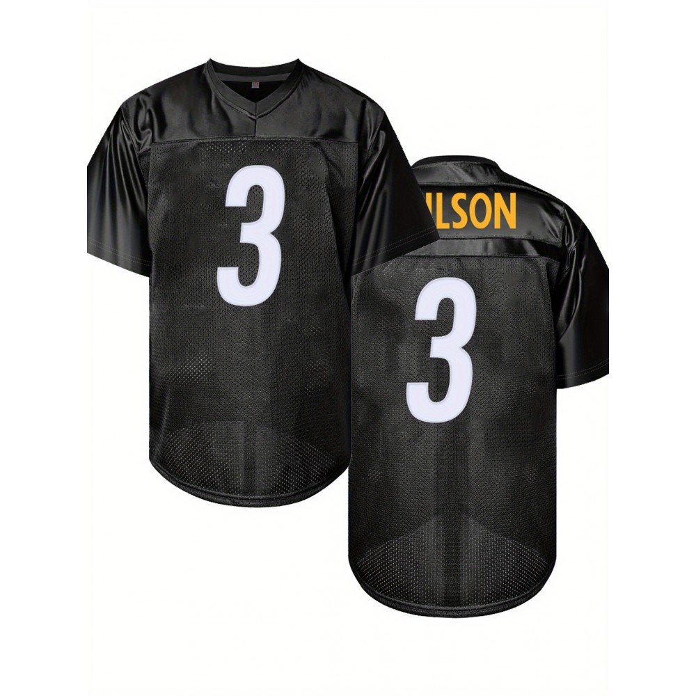 Men's Black #3 American Football Jersey - Breathable Loose Fit V-Neck with Embroidered Bold Number & Lettering, All-Season Casual & Sportswear for Outdoor Activities, Running, Gym - Machine Washable, Embroidered Detailing