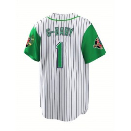 Men's #1 G-Youngsters Embroidered Baseball Jersey - Green & Black Striped, Breathable Polyester, V-Neck, Button-Up, Casual & Sporty Style for Parties, Streetwear, Training & Casual Attire