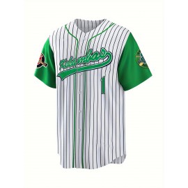 Men's #1 G-Youngsters Embroidered Baseball Jersey - Green & Black Striped, Breathable Polyester, V-Neck, Button-Up, Casual & Sporty Style for Parties, Streetwear, Training & Casual Attire