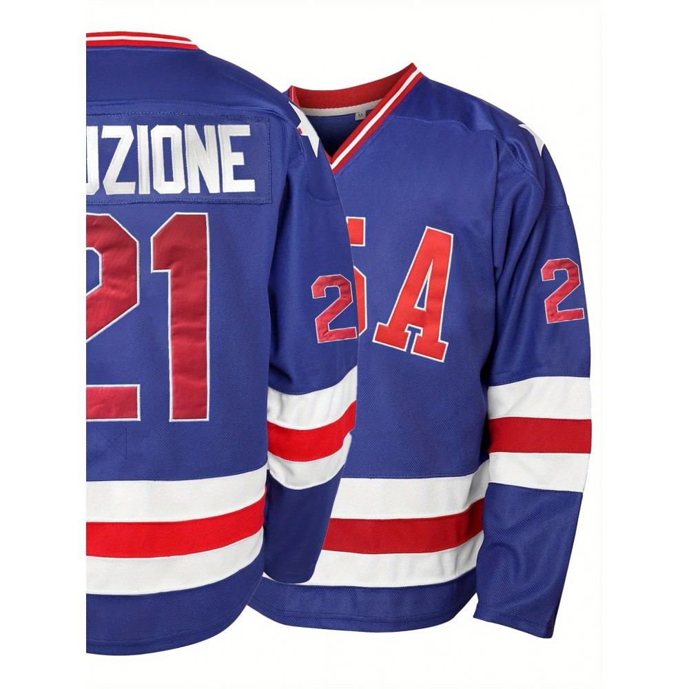 Men's Blue #21 Ice Hockey Sweatshirt - Loose Fit, Embroidered Long Sleeve, Sporty & Casual, Breathable Polyester, V-Neck, Machine Washable, Perfect for Outdoor Activities & Streetwear