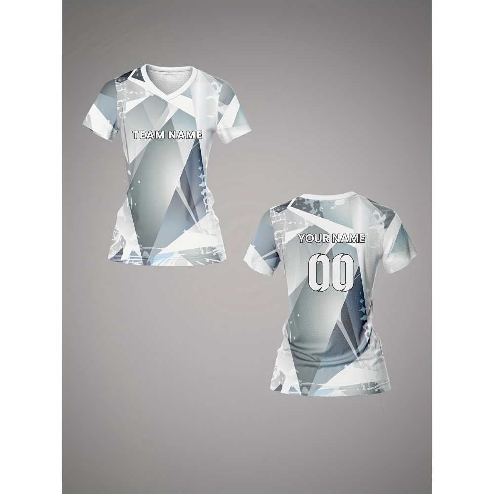 Customizable Women's V-Neck Soccer Jersey - Personalized Name & Number, Breathable Athletic Top for Team Sports, Training, and Casual Wear - Quick-Dry, Comfort Fit, Geometric Print Design, Soccer Accessories