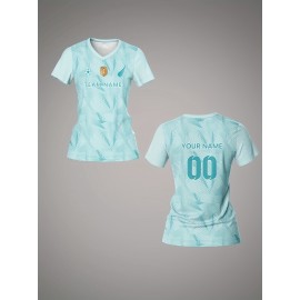 Customizable Women's V-Neck Football Jersey - Personalized Name & Number, Light Blue with White Sleeve Stripes, Breathable Polyester for Sports, Training, and Casual Wear, Sports Training Apparel | Vneck Football Top | Moisturewicking Fabric