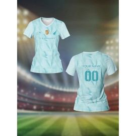 Customizable Women's V-Neck Football Jersey - Personalized Name & Number, Light Blue with White Sleeve Stripes, Breathable Polyester for Sports, Training, and Casual Wear, Sports Training Apparel | Vneck Football Top | Moisturewicking Fabric