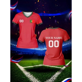 Customized Name & Number Women's V-Neck Football Jersey - Breathable Quick-Dry Moisture-Wicking Fabric, Team Emblem & Flag Design, Regular Fit for Team Training, Fitness, Casual Wear (Spring/Summer/Fall), Customized Jersey, Quickdrying Fabric