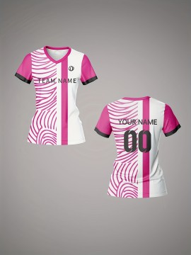 Customizable Women'S V-Neck Soccer Jersey - Personalized Team Name & Number, Breathable & Quick-Dry Fitness Shirt for Training & Casual Wear, Pink & White Design, Spring/Summer/Fall, Training Apparel | Stylish Soccer Top | Quickdry Materia