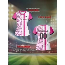 Customizable Women'S V-Neck Soccer Jersey - Personalized Team Name & Number, Breathable & Quick-Dry Fitness Shirt for Training & Casual Wear, Pink & White Design, Spring/Summer/Fall, Training Apparel | Stylish Soccer Top | Quickdry Materia
