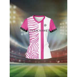 Customizable Women'S V-Neck Soccer Jersey - Personalized Team Name & Number, Breathable & Quick-Dry Fitness Shirt for Training & Casual Wear, Pink & White Design, Spring/Summer/Fall, Training Apparel | Stylish Soccer Top | Quickdry Materia