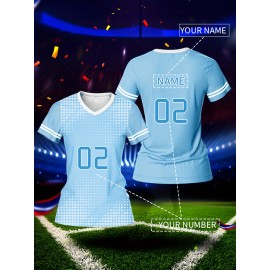 Customizable Women'S V-Neck Football Jersey, Polyester 100% Knit Fabric, Quick-Dry, Breathable, Slight Stretch, Regular Length, All Over Print, Sports Style for Team Training & Fitness - Spring/Summer/Fall
