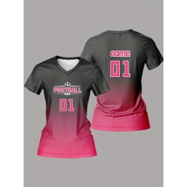 Customizable Women'S V-Neck Football Jersey, Polyester 100%, Quick-Dry Knit Fabric, Regular Length, All Over Print, Slight Stretch, for Team Training & Fitness, Spring/Summer/Fall Sports Top