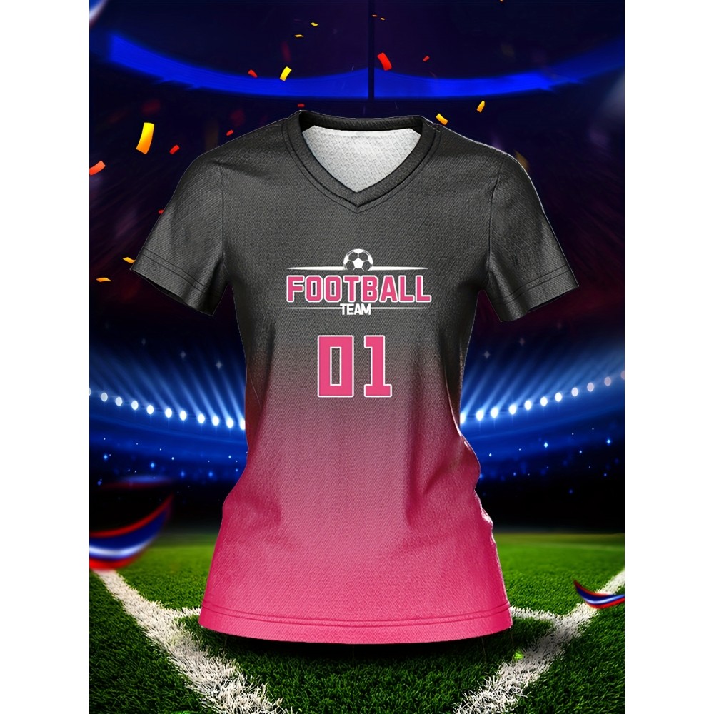 Customizable Women'S V-Neck Football Jersey, Polyester 100%, Quick-Dry Knit Fabric, Regular Length, All Over Print, Slight Stretch, for Team Training & Fitness, Spring/Summer/Fall Sports Top