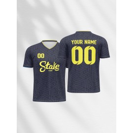 [Breathable Comfort] Customizable Youngsters' Soccer Jersey - V-Neck, Personalized Name & Number, Comfortable Polyester, Ideal for Sports & Outdoor Activities, Machine Washable - Blue & Yellow Geometric Pattern
