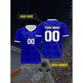 1pc Customizable Soccer Jersey for Kids - V-Neck, All-Season Knit Polyester Football Shirt with Personalized Name & Number, Preppy Street Style, Medium Stretch, Patterned - Ideal for Sports, Parties, Beach, Casual Outings