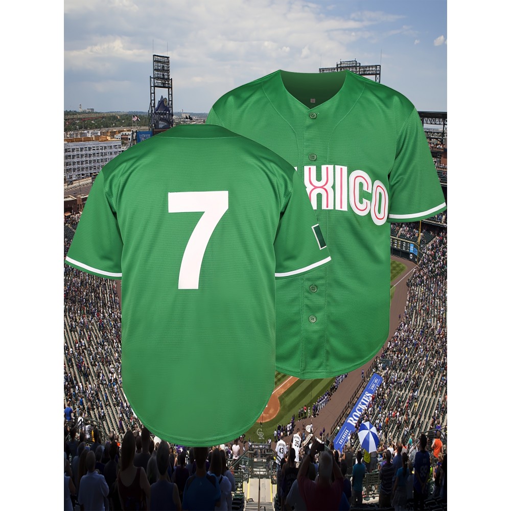 Men's #7 Green Baseball Jersey - Breathable, Embroidered Polyester, Loose Fit with V-Neck and Button Closure - Ideal for Team Sports, Casual Outings & Training - Sizes S to XXXL, Best for Christmas