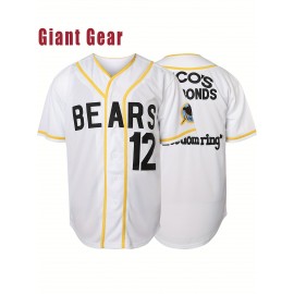 Men's #12 Bears Baseball Jersey - V-Neck Breathable Polyester Mesh, Loose Fit Sporty Design with Bears & Number 12, Machine Washable for Casual, Sports, Outdoor Activities (S-3XL), Sports Casual Wear | Sporty Vneck Jersey | Front Button Closure